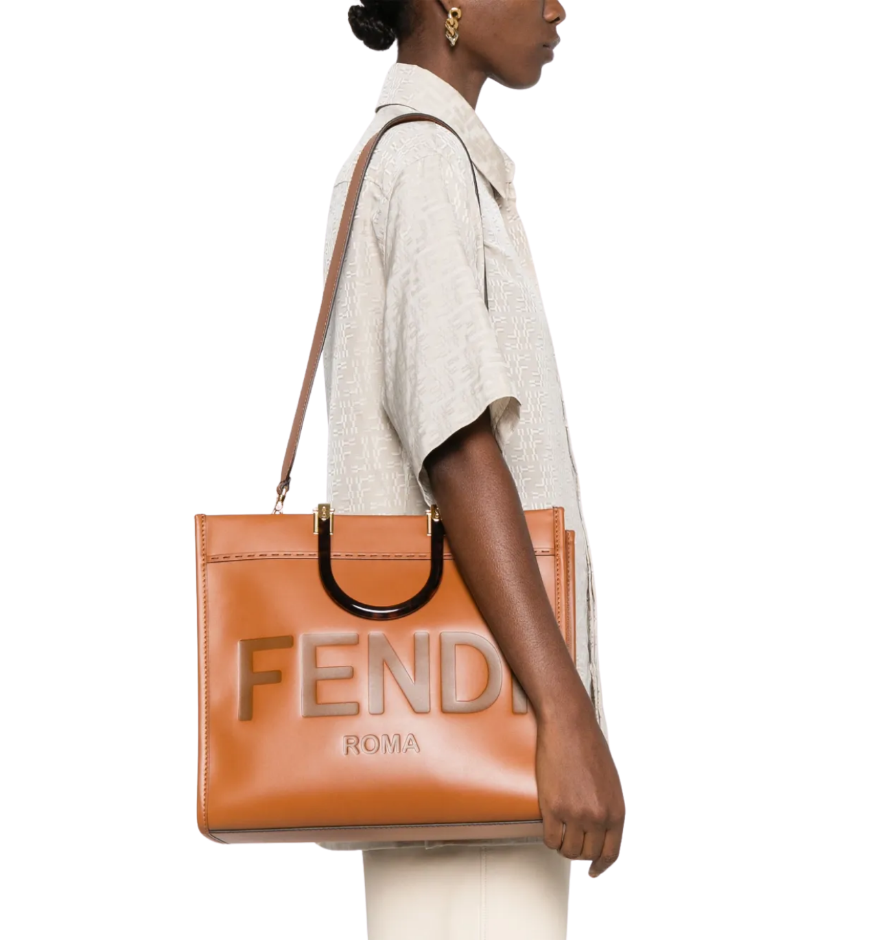 FENDI Sunshine Brown Calf Leather Tote Bag