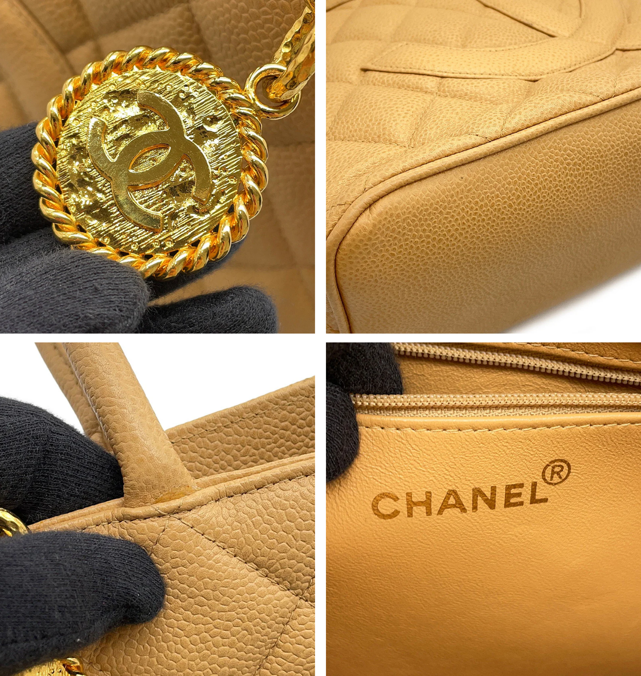 CHANEL Medallion Beige Caviar Leather Tote Bag